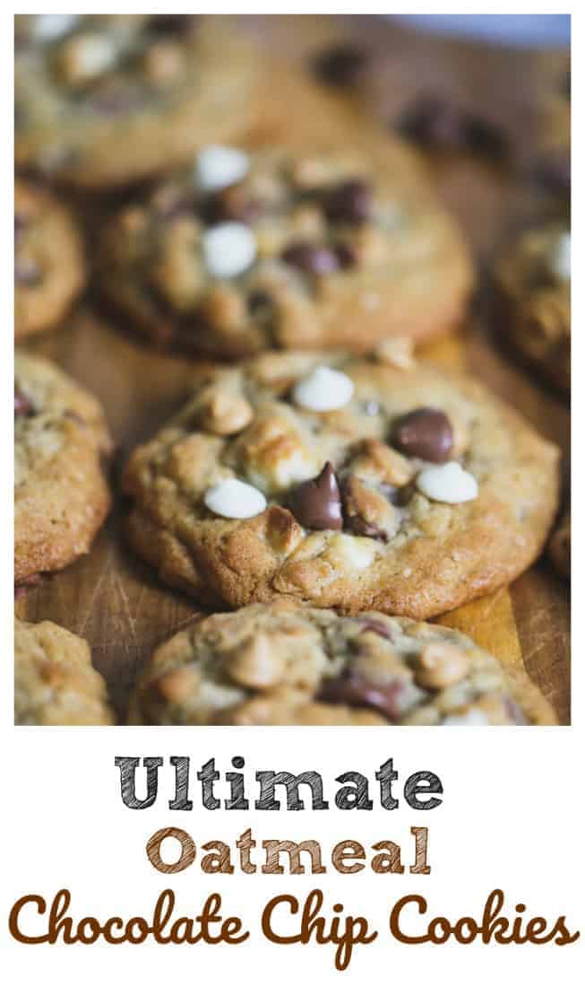 Ultimate Oatmeal Chocolate Chip Cookies - Ultimate Oatmeal Chocolate Chip Cookies have the unbeatable combination of delicious white chocolate, peanut butter and milk chocolate chips, old-fashioned oats and a hint of cinnamon to make them desirable and dangerous at the same time. #cookies #oatmeal #chocolate chip #triple chocolate #baking #holidays