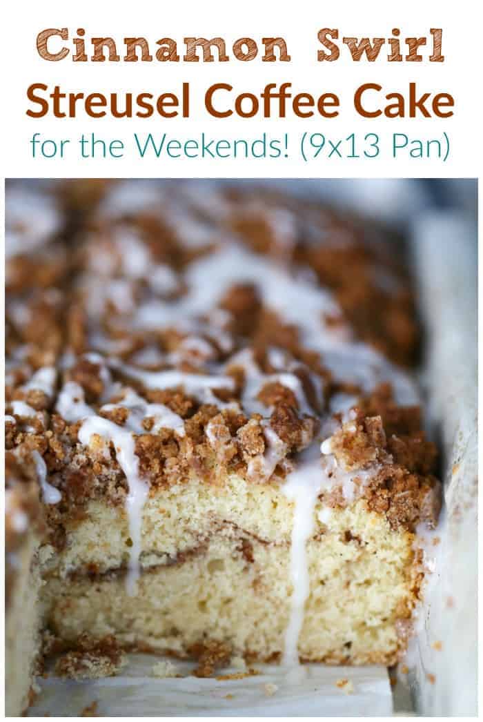 Cinnamon Swirl Streusel Coffee Cake for the Weekends! (9x13 Pan) - It\'s just general knowledge that a cup of coffee is the perfect accompaniment to this luscious, moist cake adorned with ribbons of cinnamon & sugar and lovingly topped off with an adequate layer of buttery, cinnamon-sugared and crumbly streusel,ย A simple glaze if you will, to give it a nice finishing touch.ย ย #coffee #cake #breakfast #snack #dessert