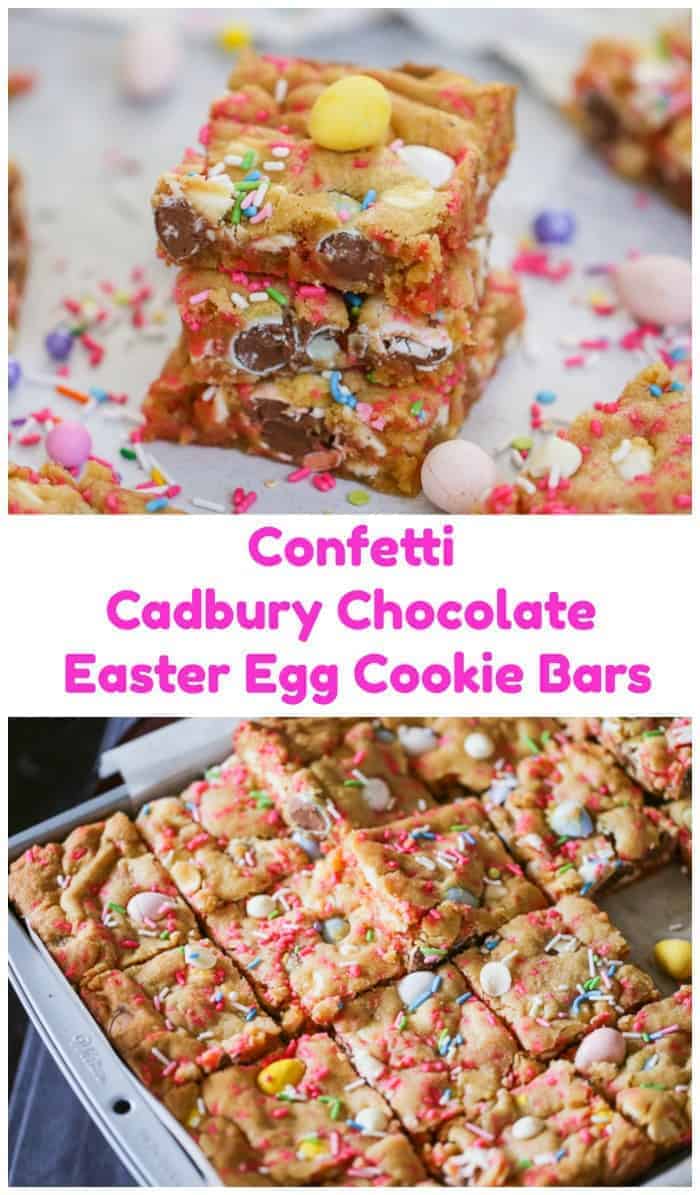 Confetti Cadbury Chocolate Easter Egg Cookie Bars - Put the \'hop\' in everyoneโs step with these candy Confetti Cadbury Chocolate Easter Egg Cookie Bars! They have a delicious cake batter flavor. They\'re slightly chewy and thick and they\'re beaming with the colors of spring sprinkles, white chocolate chips and our very own pretty-in-pastel Cadbury Easter Candy Coated Mini Eggs. #eggs #cadbury #chocolate #cookies #bars #easter