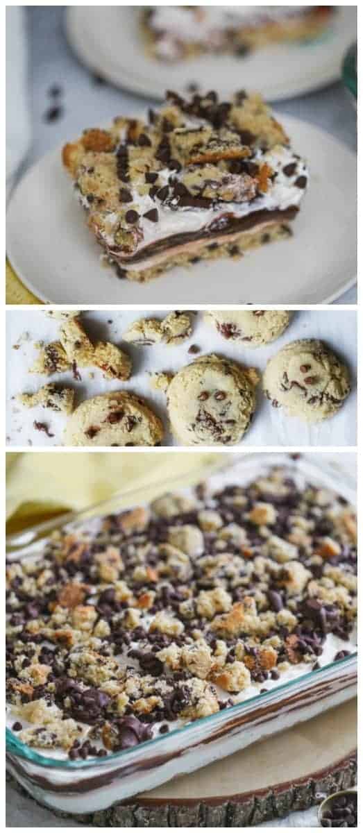 Chocolate Chip Cookie Lasagna Dessert is so heavenly creamy, dreamy and exploding with chocolate chip cookie bits in every amazing bite! This crowd-pleaser will definitely have everyone swooning and begging for seconds. (...maybe even thirds.) #pudding #chocolate chips #chocolate #lasagna #no bake desserts #cookies #layered dessert #gluten-free