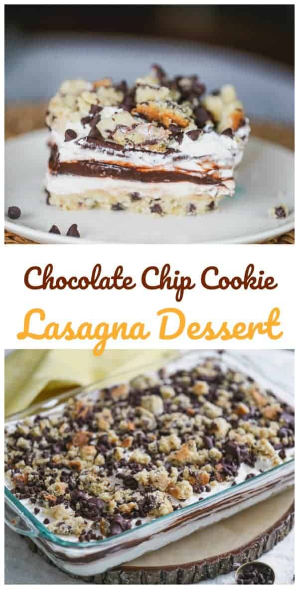 Chocolate Chip Cookie Lasagna Dessert is so heavenly creamy, dreamy and exploding with chocolate chip cookie bits in every amazing bite! This crowd-pleaser will definitely have everyone swooning and begging for seconds. (...maybe even thirds.) #pudding #chocolate chips #chocolate #lasagna #no bake desserts #cookies #layered dessert #gluten-free