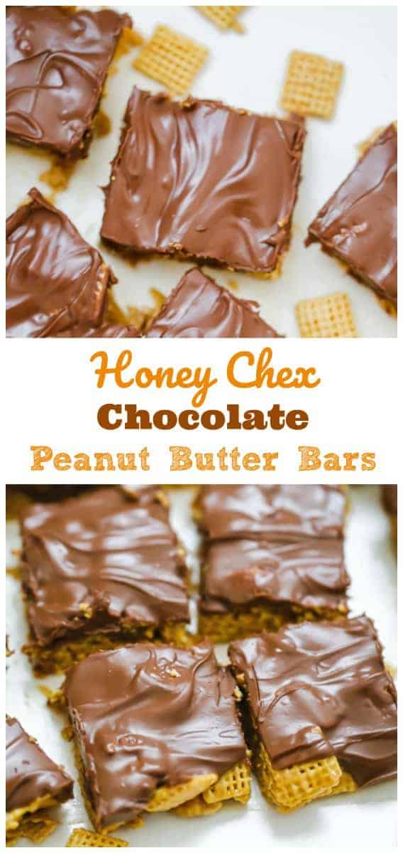 OMG Honey Chex Chocolate Peanut Butter Bars! These no bake OMG Honey Chex Chocolate Peanut Butter Bars are outrageously yummy sweet treats and easy to make! They\'re delicious, crunchy bars made with a peanut butter and honey based layer and honey sweetened chex cereal, then it\'s topped with a rich milk chocolate peanut butter ganache. #chocolate #bars #honey #chex #nobake #chexbars #peanutbutter #nobakebars #easy