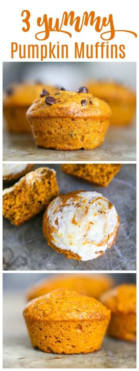 Yummy Pumpkin Muffins - Includes Cream Cheese Stuffed & Chocolate Chip options! #muffins #pumpkin #pumpkinmuffins #creamcheese #chocolate chip #fallbaking #baking #snack #breakfast #thanksgiving