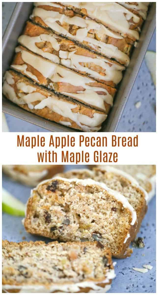 Maple Apple Pecan Bread with Maple Glaze - This succulent apple bread has scented notes of pure maple syrup and cinnamon and is chocked full of apple chunks and crunchy pecans and lastly, drizzles of thick maple glaze...ahhh, LIFE IS GOOD! #maplebread #maplesyrup #maple #bread #fallbaking #cinnamonbread #quickbread