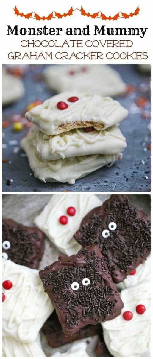 Monster and Mummy Chocolate Covered Graham Cracker Cookies