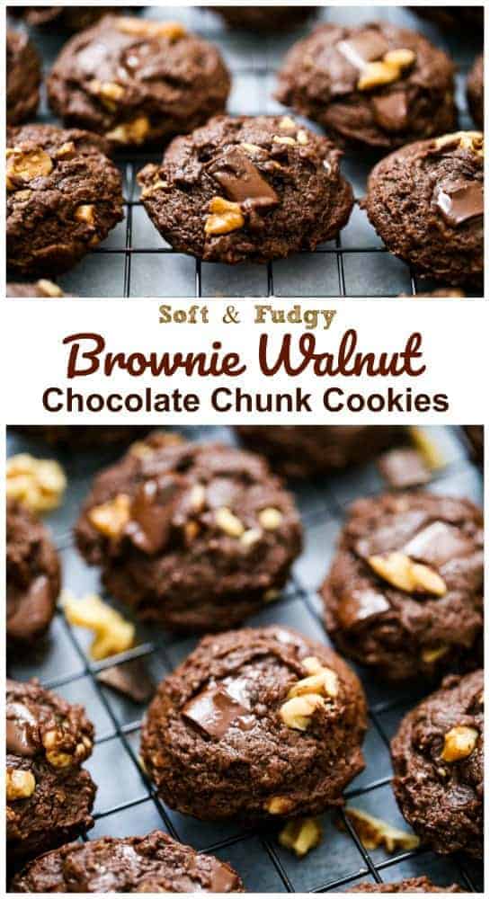 Brownie Walnut Chocolate Chunk Cookies – Vegan & GF Options too! Every bite has walnuts and chocolate chunks in every one of these fudgy brownie cookies and I’m pretty happy about that! #vegan #vegandessert #vegancookies #cookies #brownies #browniecookies #glutenfree #dairyfree #chocolate #walnuts