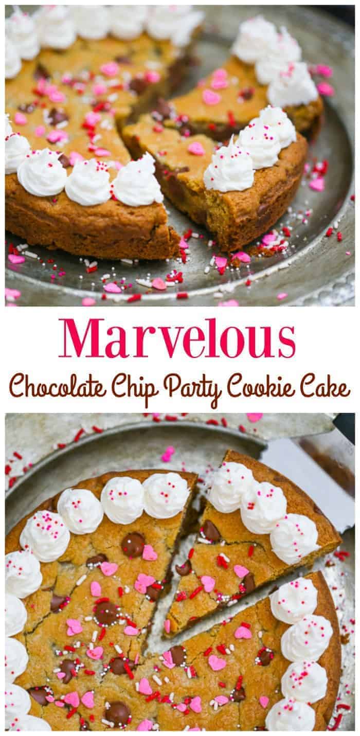 Marvelous Chocolate Chip Party Cookie Cake - This party cookie cake is simply over-the-top and will delight everyone any way you slice it! Perfect sweet treat for any occasion! #chocolatechip #chocolate #cookie #cookiecake #partydessert #chocolatechipcookiecake #partycookiecake #cookiedessert