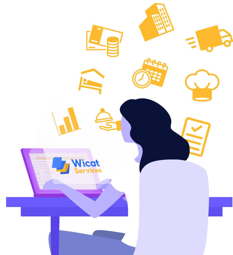 illu-gestion-intro-v2 Illustration d'une femme en train de gérer son établissement sur un ordinateur grâce à Wicat Services.