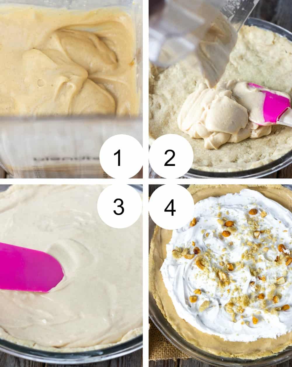 Step by step photo collage of making vegan peanut butter pie. blending ingredients, pouring into pie crust and topping with coconut whipped cream.
