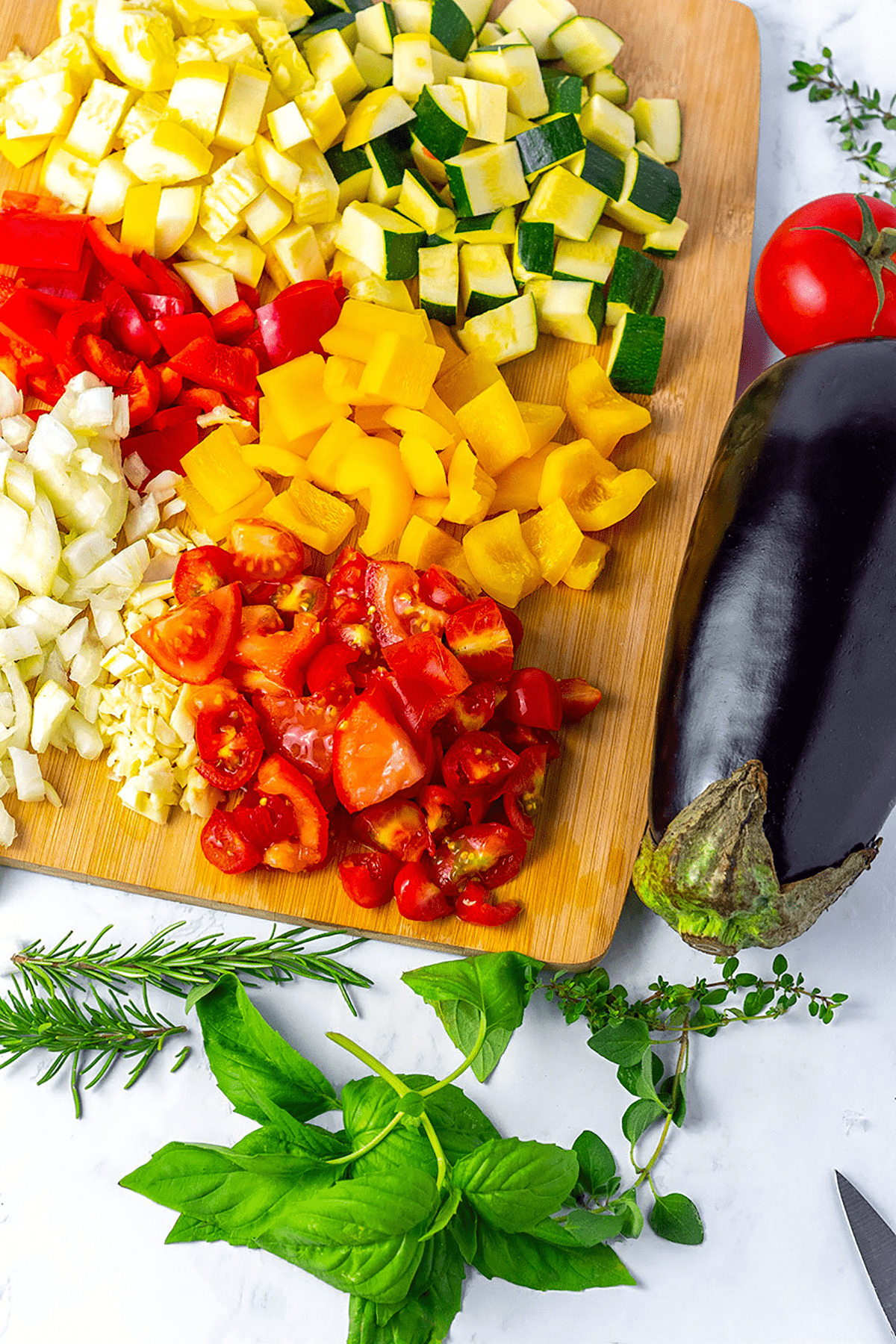 ratatouille ingredients, eggplant, zucchini, yellow squash, bell pepper, onion, garlic tomatoes, fresh herbs