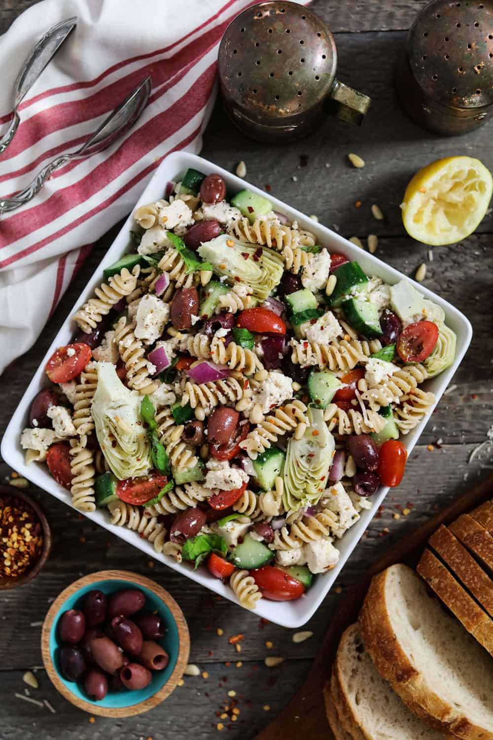 Mediterranean Pasta Salad with artichokes, tomatoes, olives