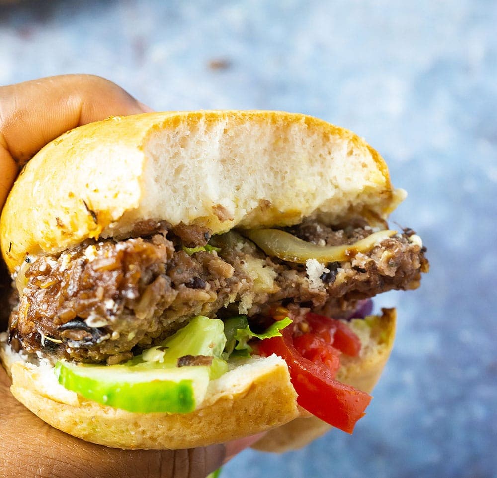 Bite of vegan black bean burger