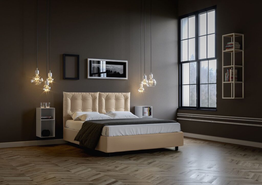camera da letto in stile classico con pareti grigio scuro, luci in vetro a sospensione e letto contenitore in tessuto