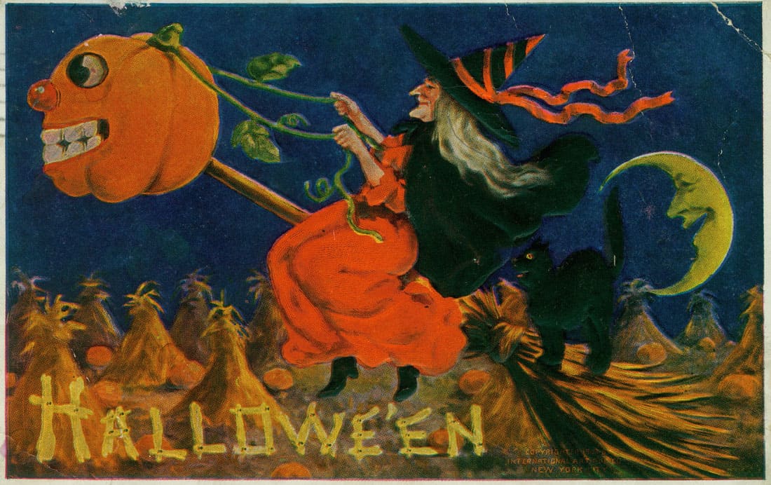 A witch riding a broomstick with a black cat. Ca. 1910. Missouri Historical Society.