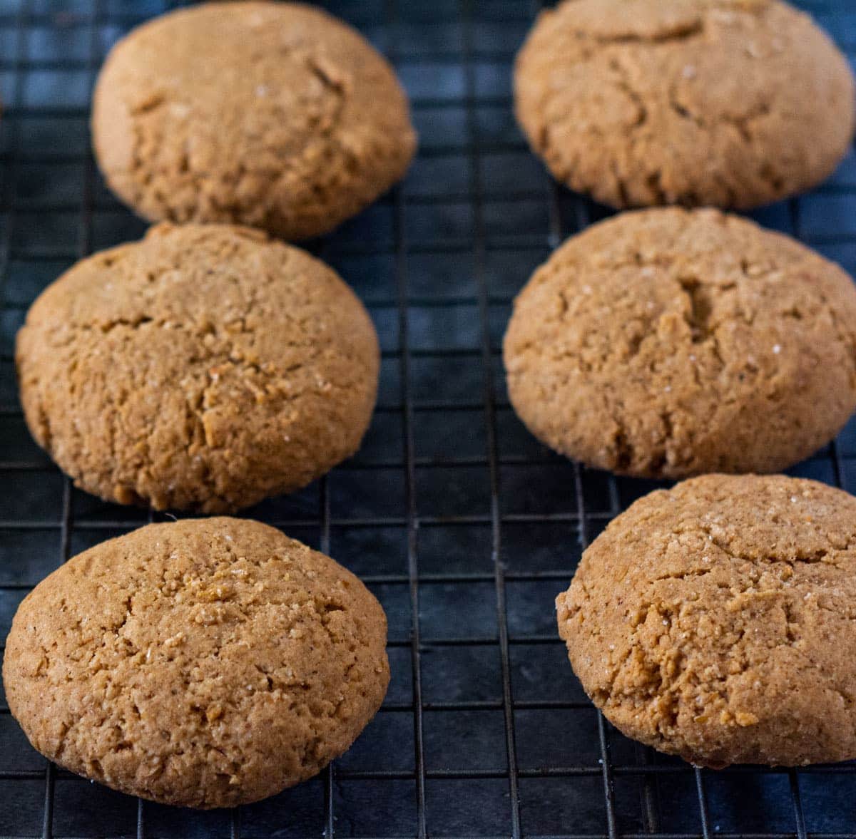 Closeup vegan gingerbread cookies on a dark plate, with a grey napkin on a grey marbled background