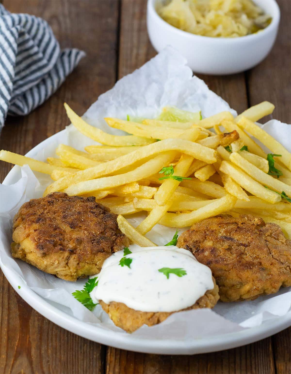 vegan gluten free crab cakes on a white plate