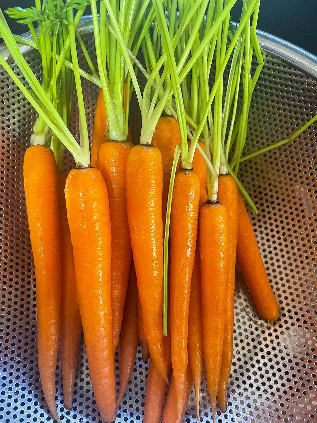 washing carrots in a colander