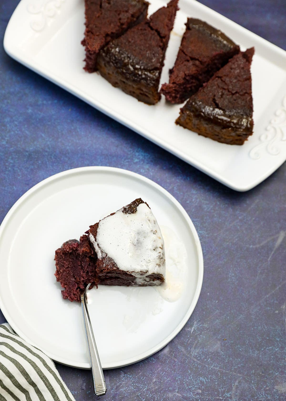 Purple sweet potato pudding overlay, slices of purple sweet potato in white platter and white plate