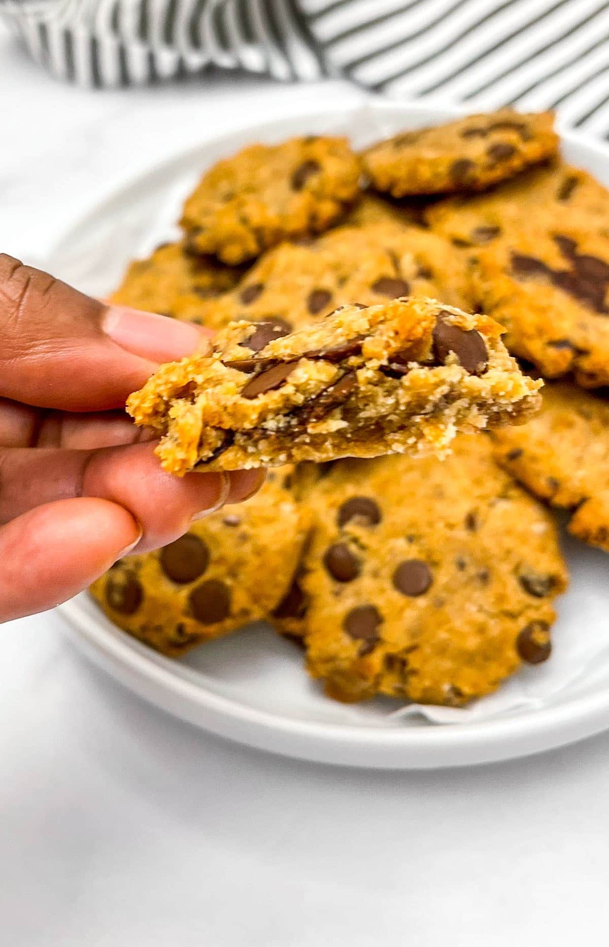 holding chocolate chip cookies