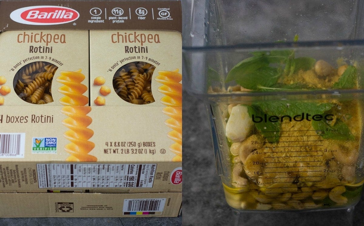 ingredients for creamy pesto pasta, box of pasta and ingredients in blender