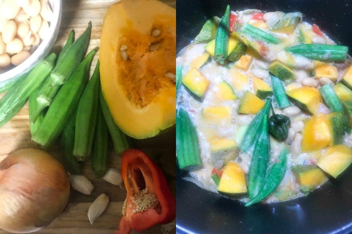 Some of the ingredients for the stew, butter bean, pumpkin, okra stew
