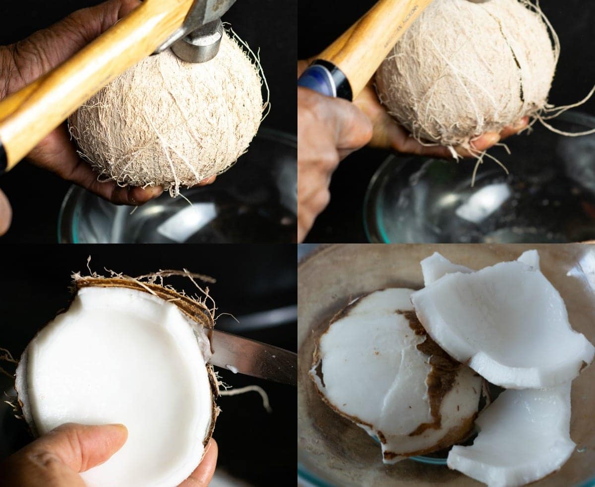 Step by step photo of how to crack open coconut for coconut milk