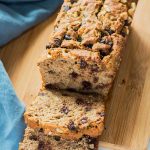 Angled view of banana bread on a cutting board