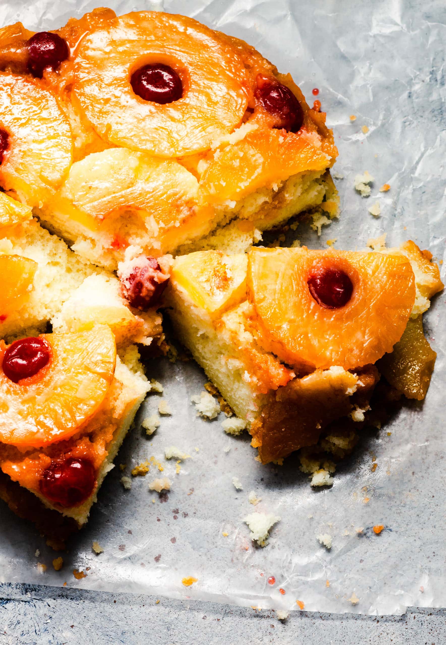 Pineapple upside down cake with a slice removed