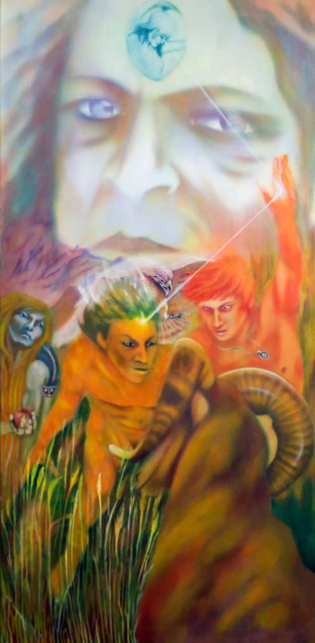 Prometheus. My painting looks at the mythological dynamic from two perspectives. It is illustrating the phenomena of enlightenment being shared prior to the punishment being executed. From the Greek perspective it is the agent of enlightenment to man, Prometheus,who is the one suffering the wrath of the Gods. In the Jewish/Christian philosophy it is the receiver of enlightenment, Eve, who suffers the wrath of God.