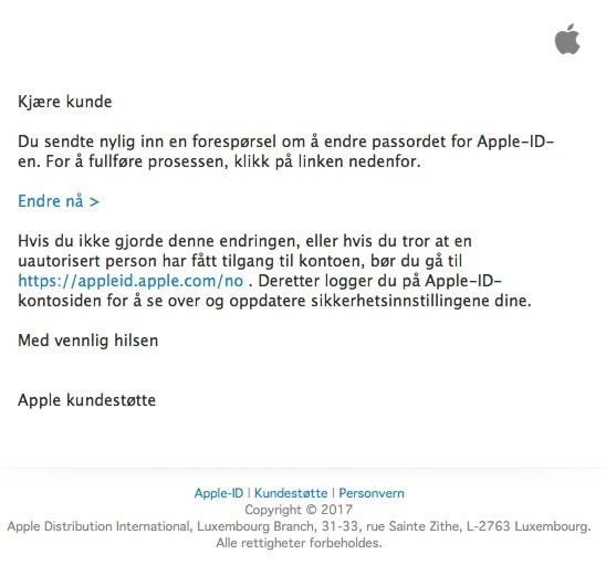Eksempel på phishing-e-post som utgir seg for å komme fra Apple