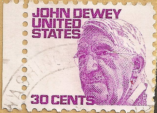 30-cents stamp of the USA figuring American philosopher John Dewey, issued 21 October 1968. Sourced from Wikimedia Commons and believed to be in the public domain. Scan of a personal item.