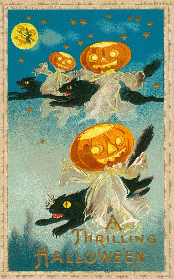 "A Thrilling Hallowe'en." (Three black cats flying through the air with Jack-o-lanterns)