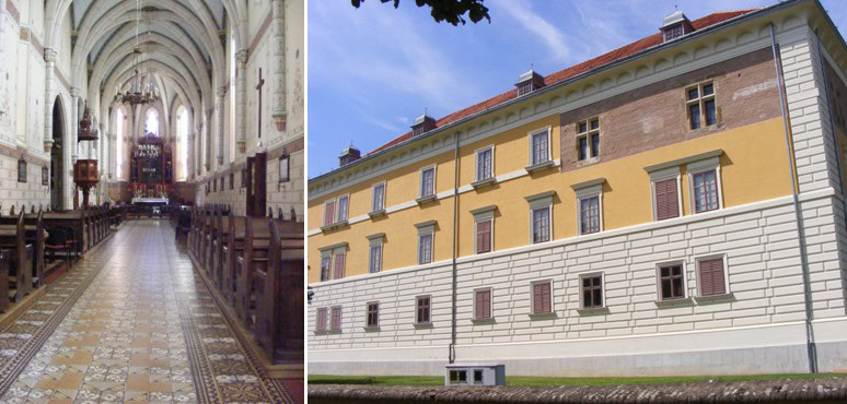 A templom belső, neogótikus hajója (b) - Az Odeschalchi-kastély klasszicista homlokzata mögött az Újlakiak reneszánsz palotája rejtőzik