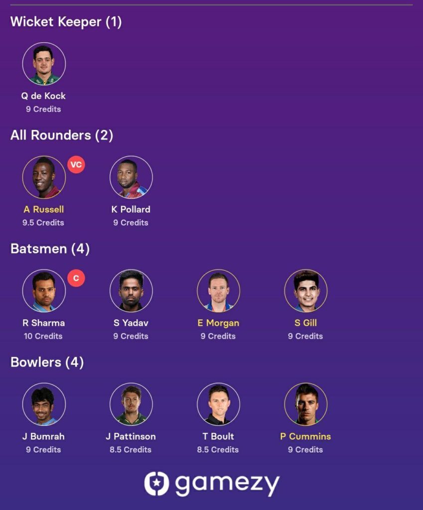 A Gamezy Fantasy Team Screenshot