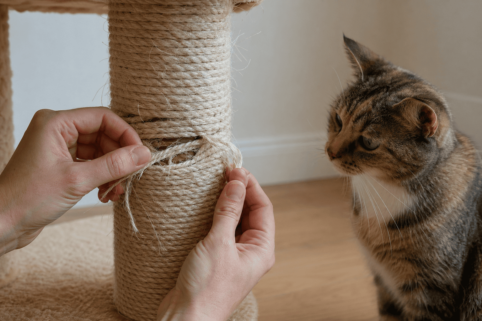 Hands inspecting worn sisal rope on a cat scratching post