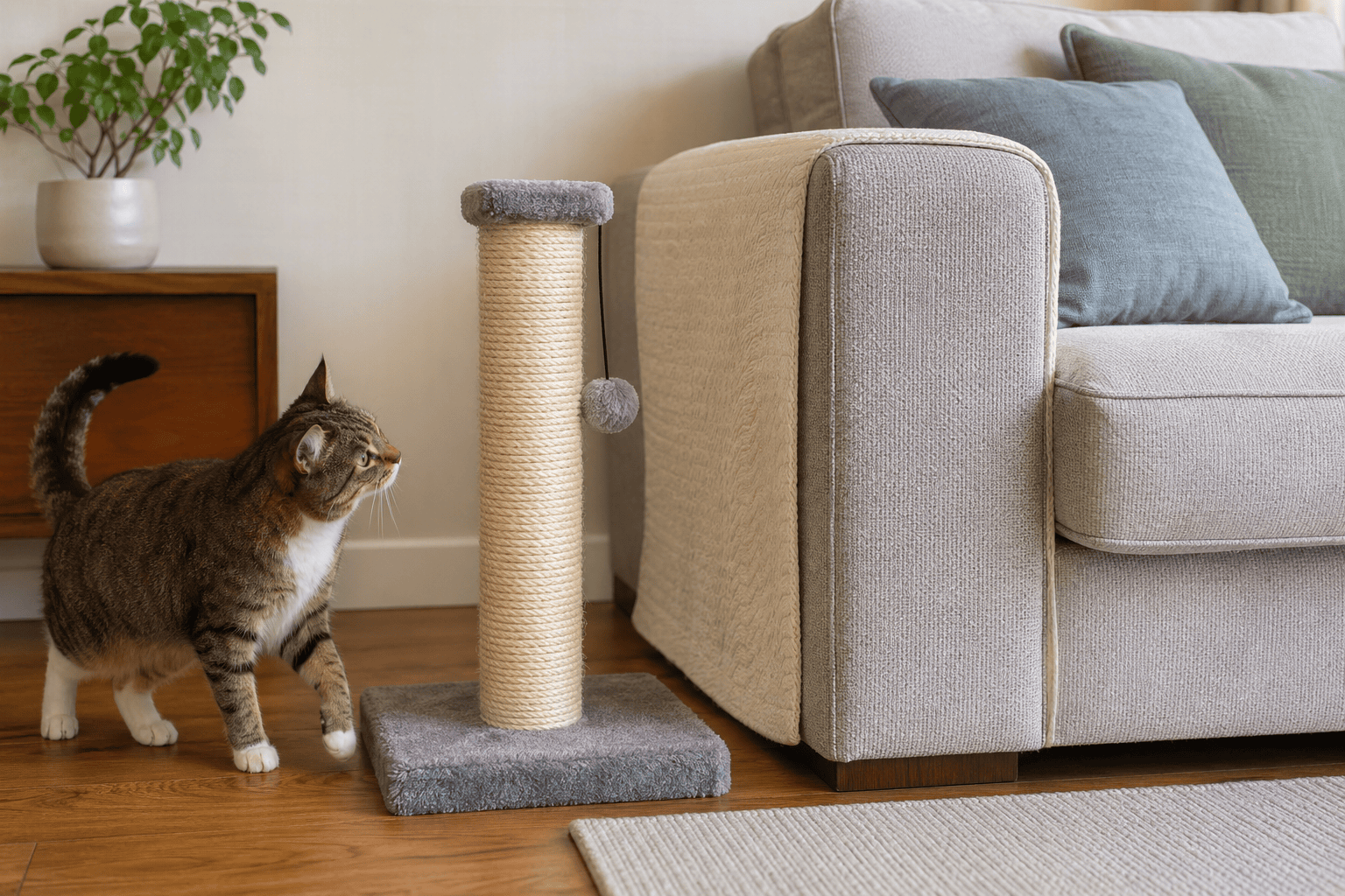Cat scratching post placed beside the sofa arm a cat used to scratch