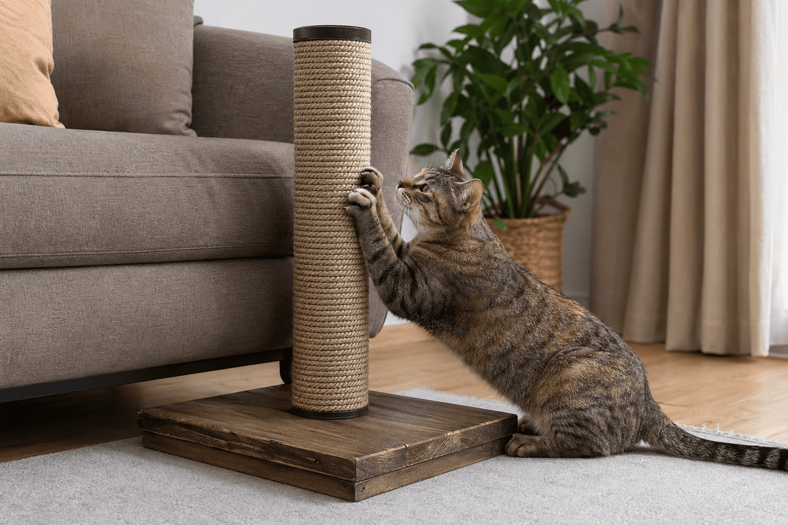 Stable cat scratching post with a wide base beside a sofa