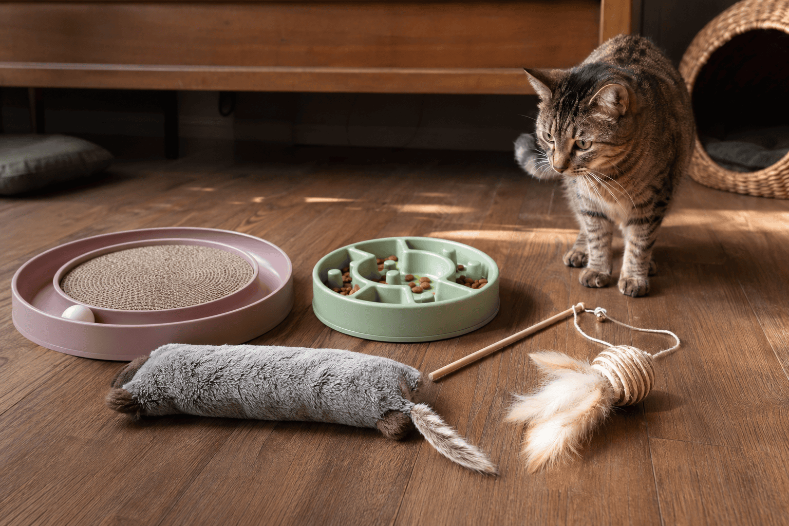 A small rotation of wand, kicker, chase, and puzzle toys for indoor cat enrichment