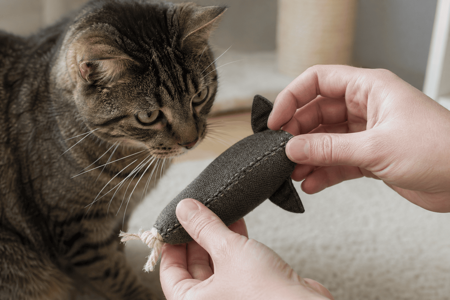 Close view of a cat toy being inspected for loose seams