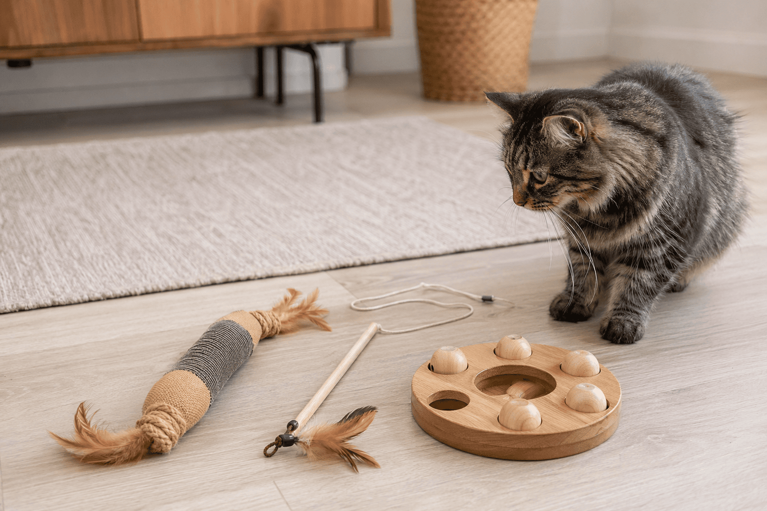 Several different cat toys arranged for toy rotation