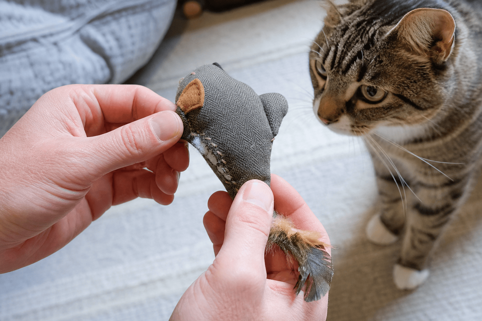 Hands inspecting a cat toy for loose seams and damaged parts