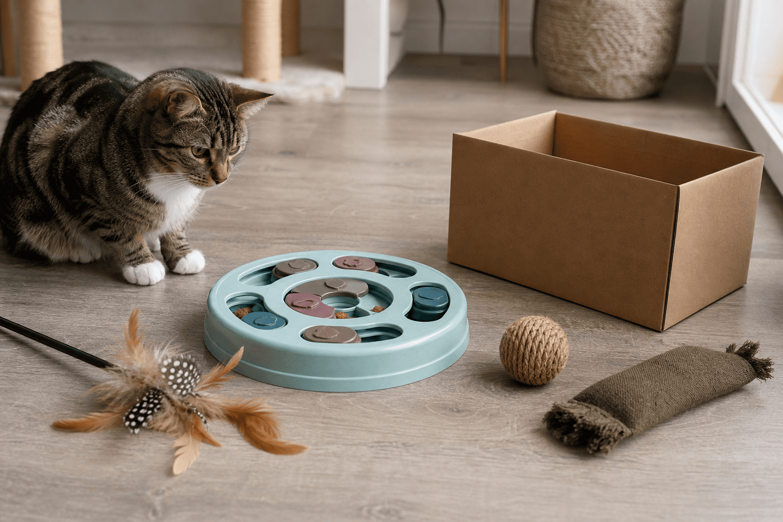Cat toy rotation with wand toy puzzle feeder ball and kicker toy