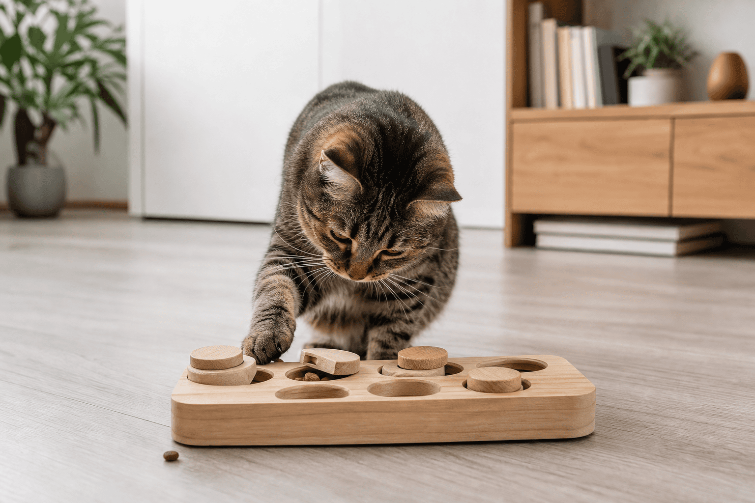 Indoor cat using a simple food puzzle for foraging enrichment