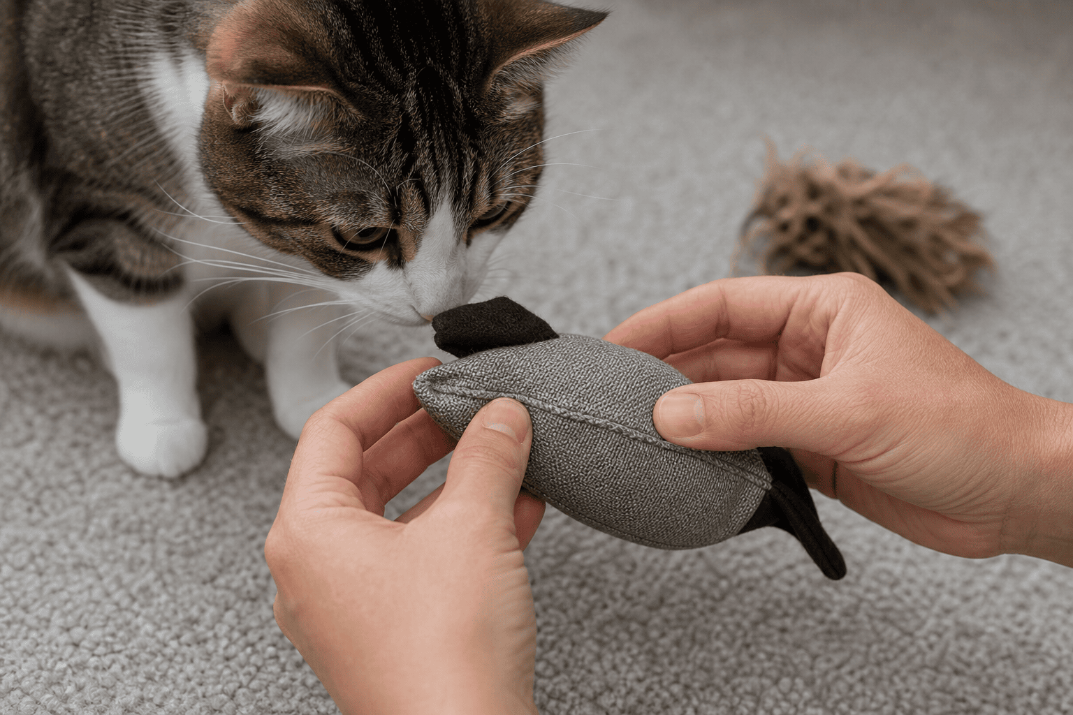Hands checking a cat toy seam for loose threads before play