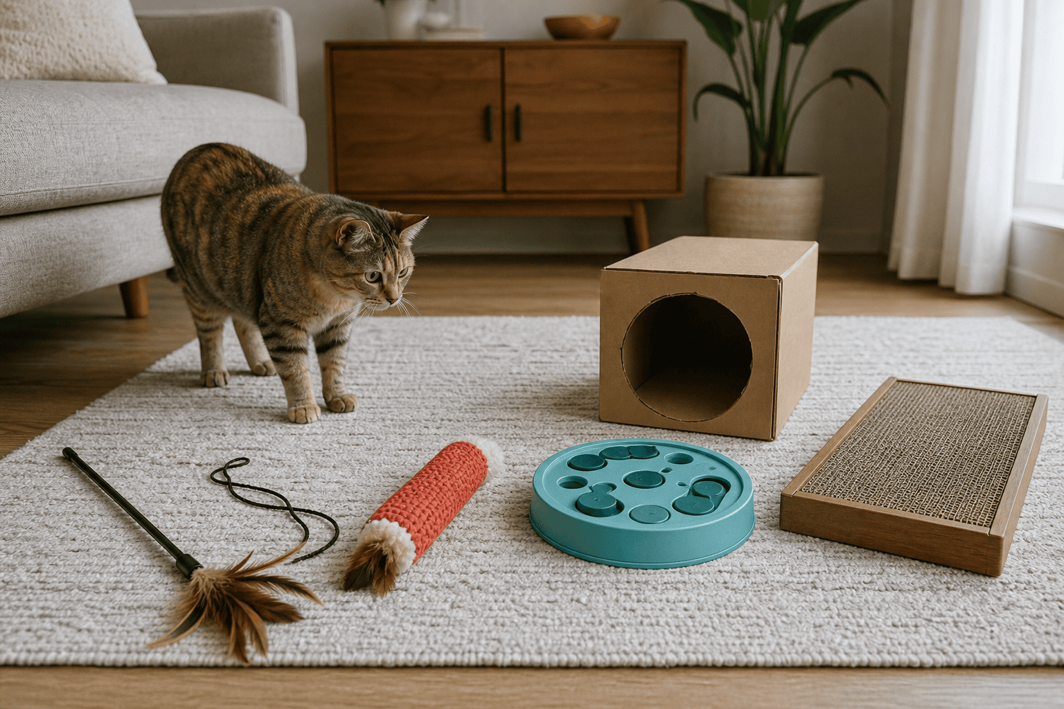 A cat enrichment rotation with wand toy, kicker toy, puzzle feeder, and scratching surface