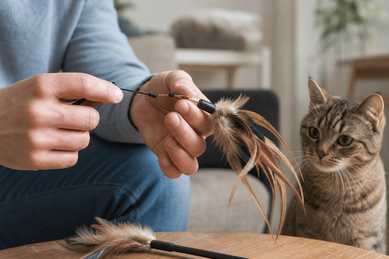 Hands checking a feather cat toy for loose feathers and string wear