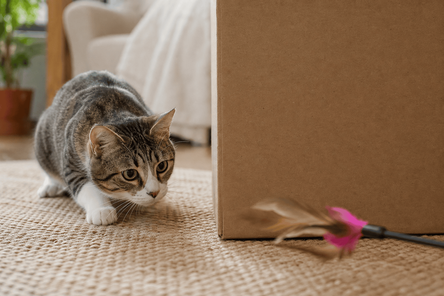 Cat stalking a feather lure around a cardboard box
