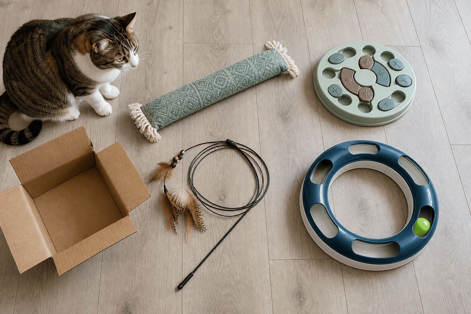 A feather wand stored beside sturdier cat toys for rotation