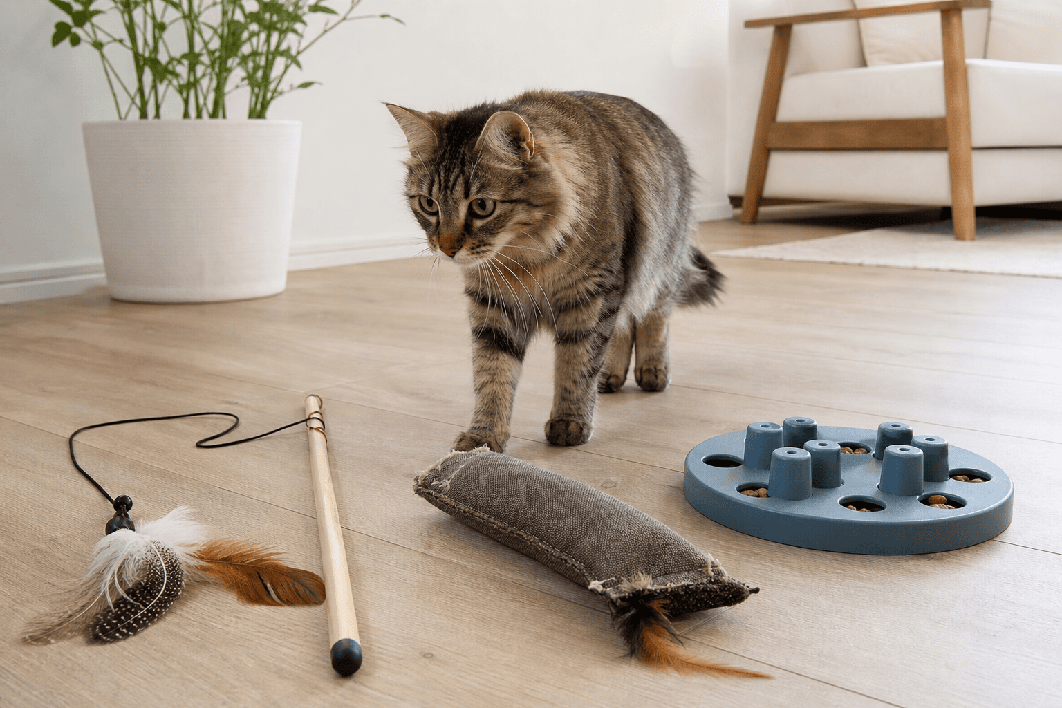 Cat play setup with a wand toy, kicker toy, and puzzle feeder