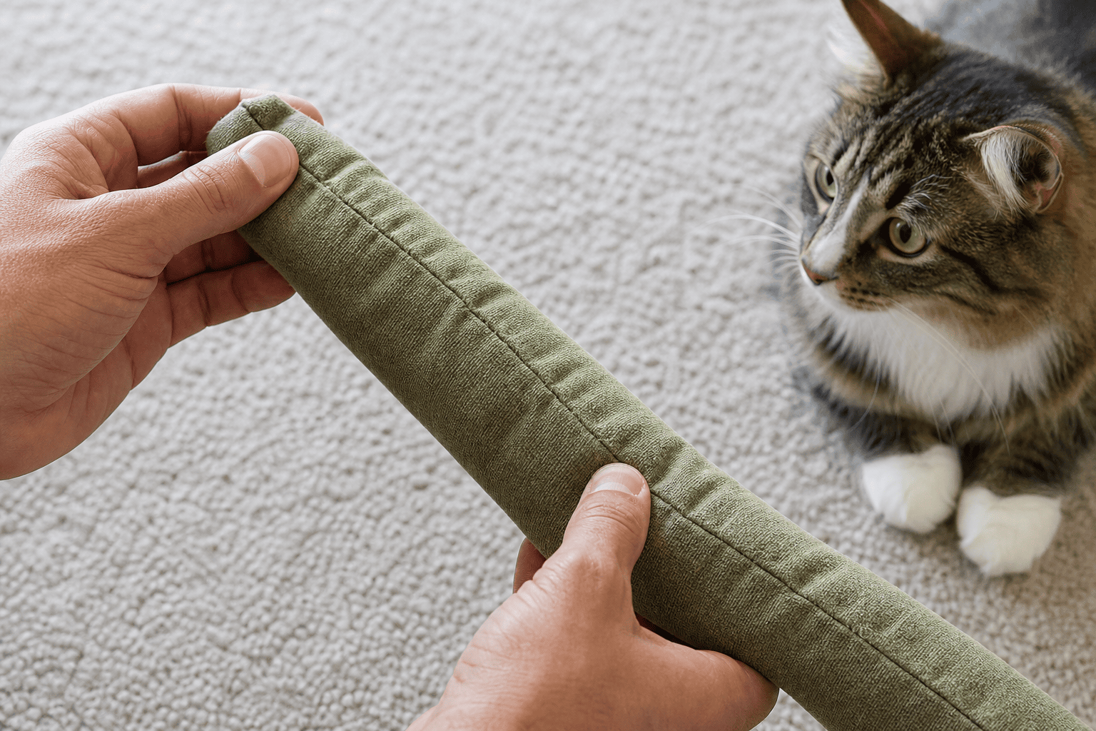 Hands inspecting the seams and fabric on a cat kicker toy